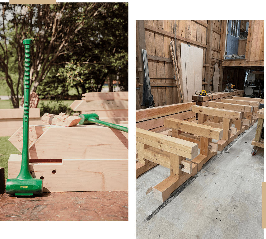 Woodworking tools and beams outdoors