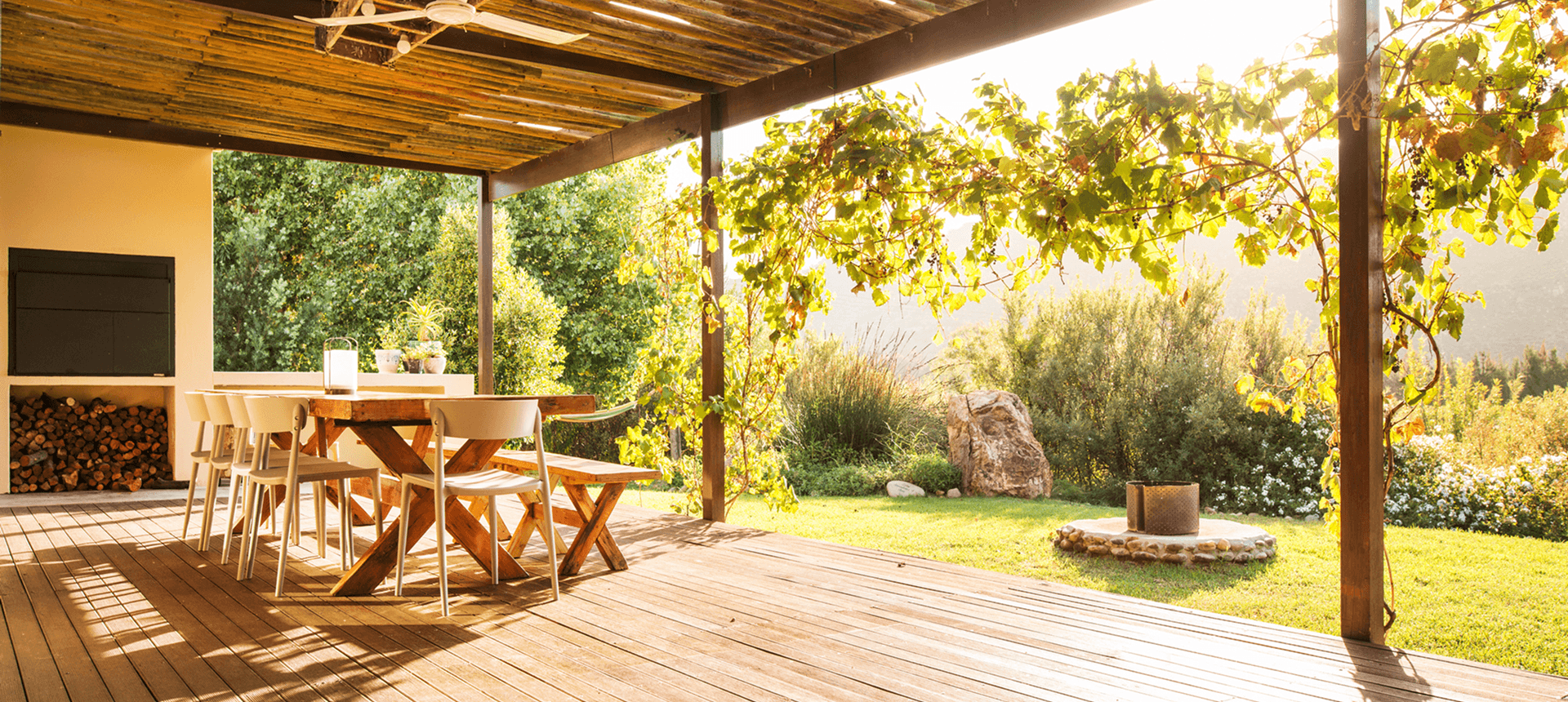 Cozy backyard deck with green garden view