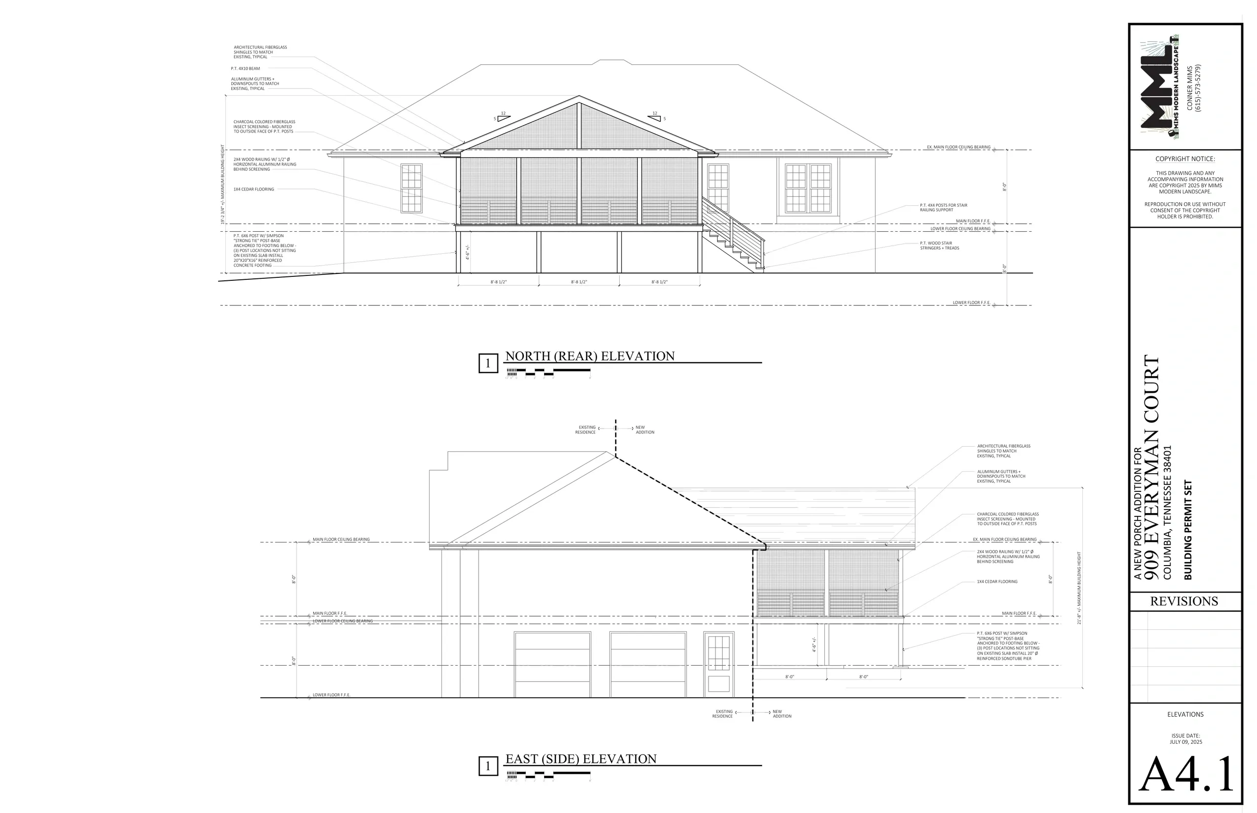 Architectural house elevation blueprint with measurements.